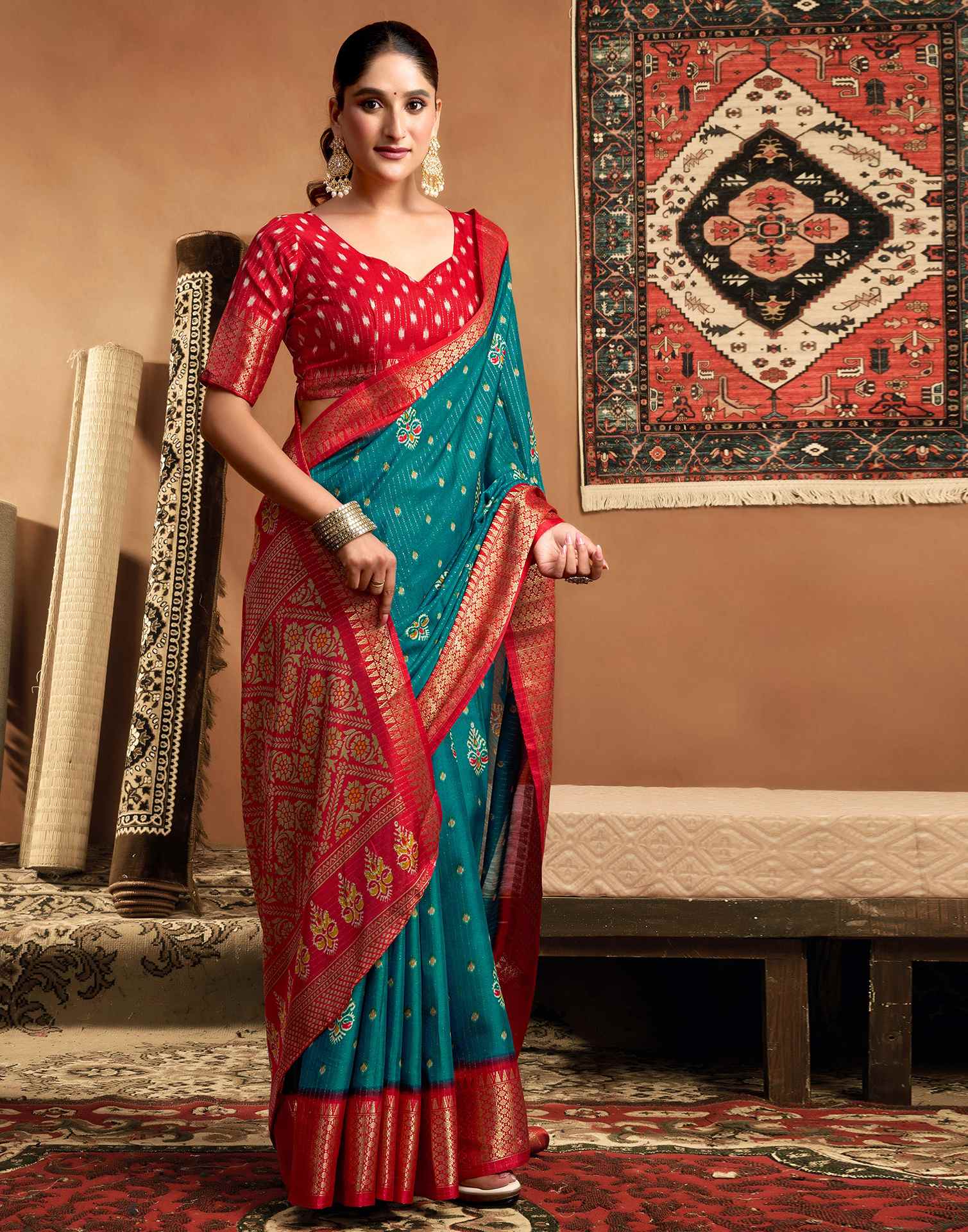 Rama Blue Silk Printed Zari Stripe Saree