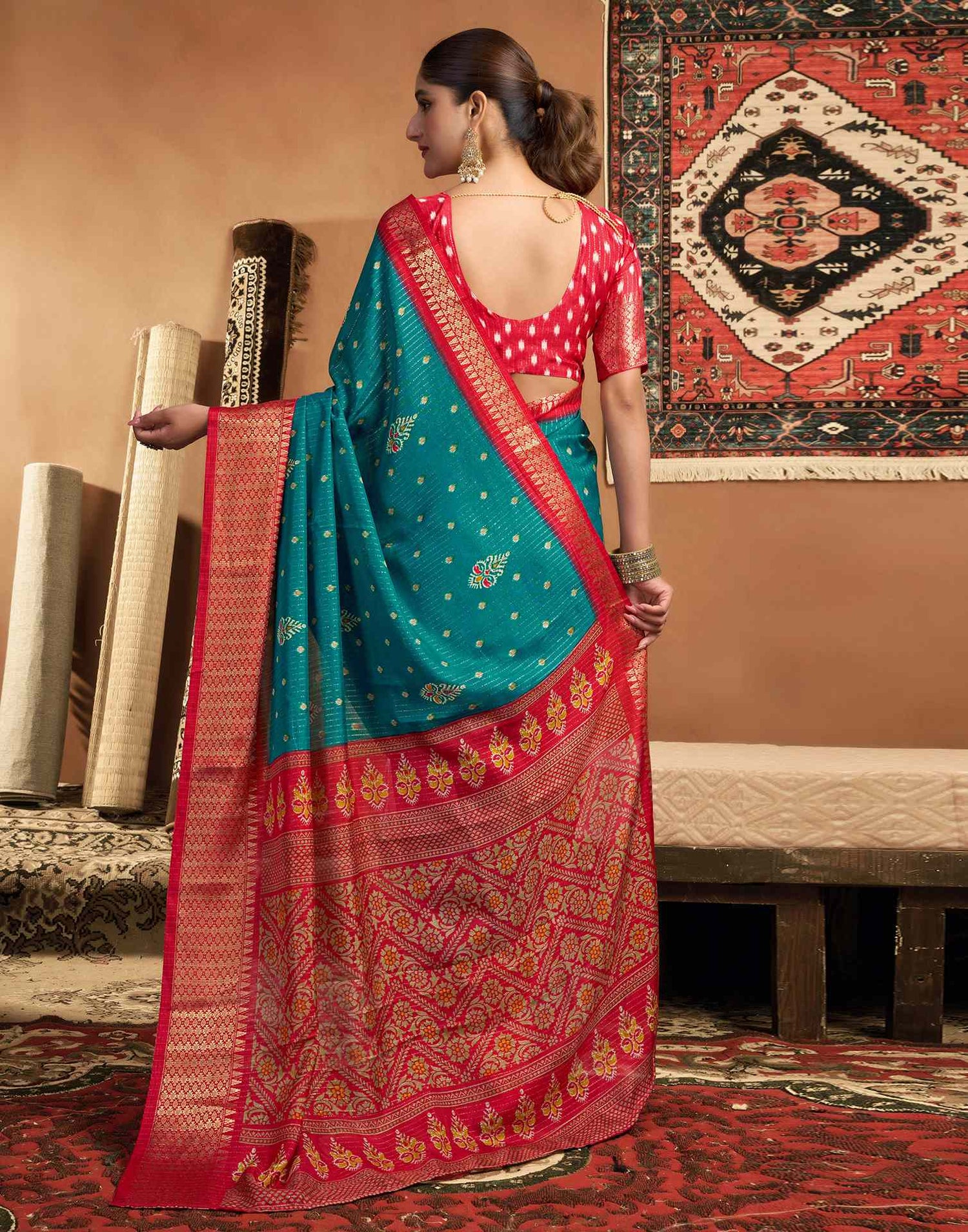 Rama Blue Silk Printed Zari Stripe Saree