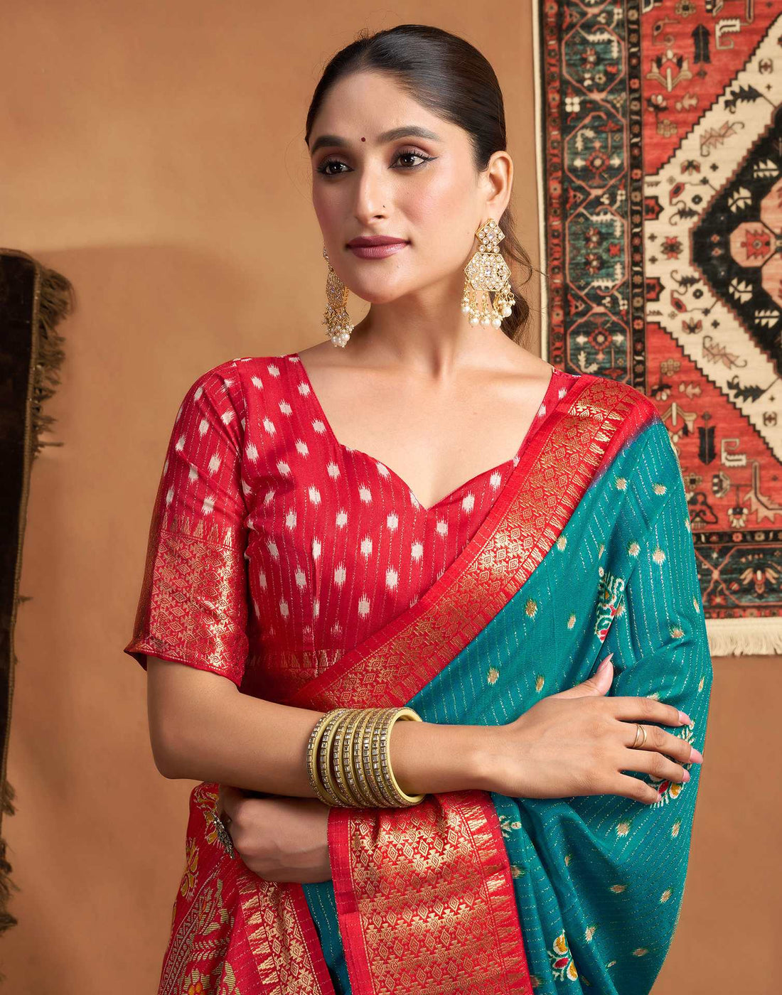 Rama Blue Silk Printed Zari Stripe Saree
