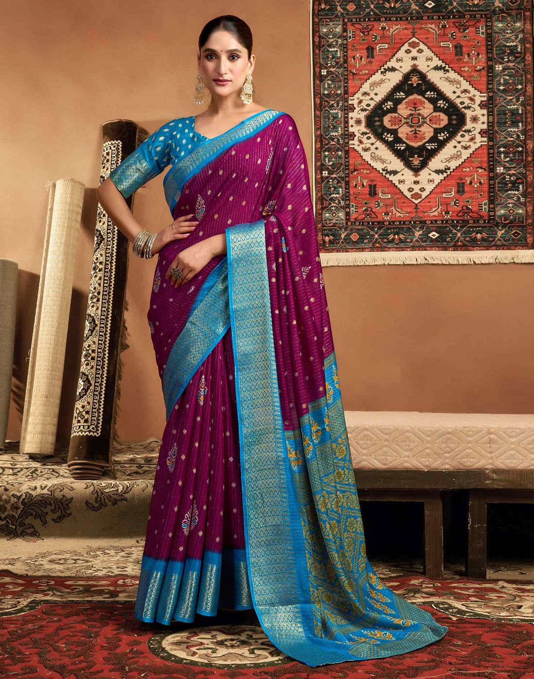 Dark Magenta Silk Printed Zari Stripe Saree