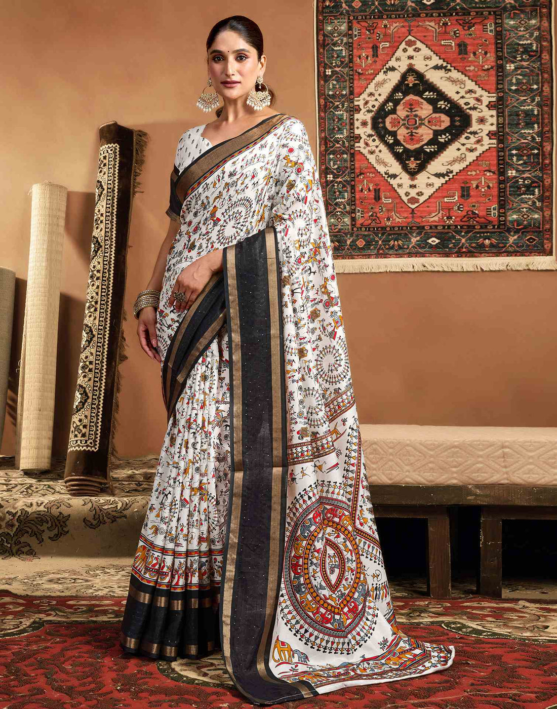 White Silk Warli Printed Saree