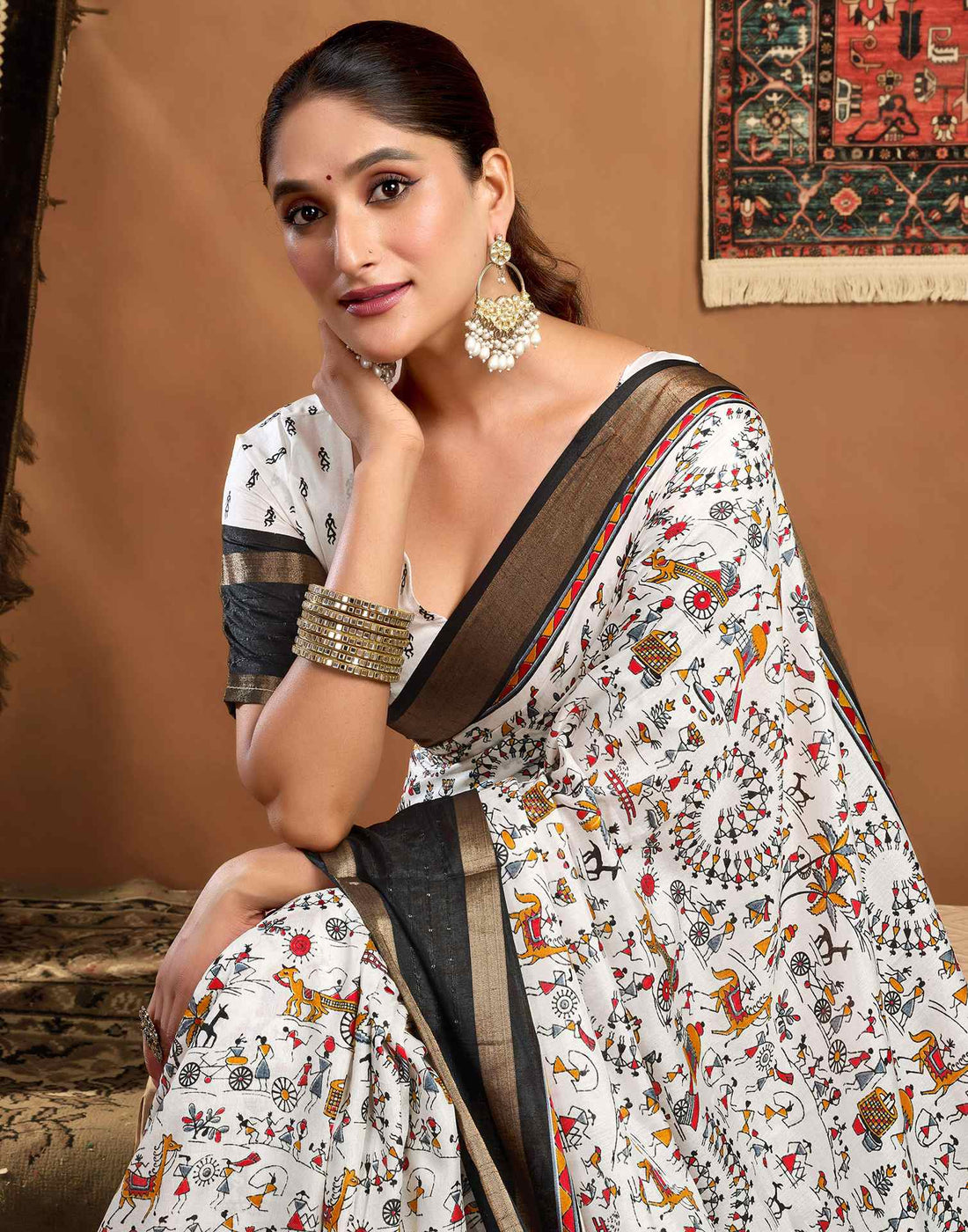 White Silk Warli Printed Saree