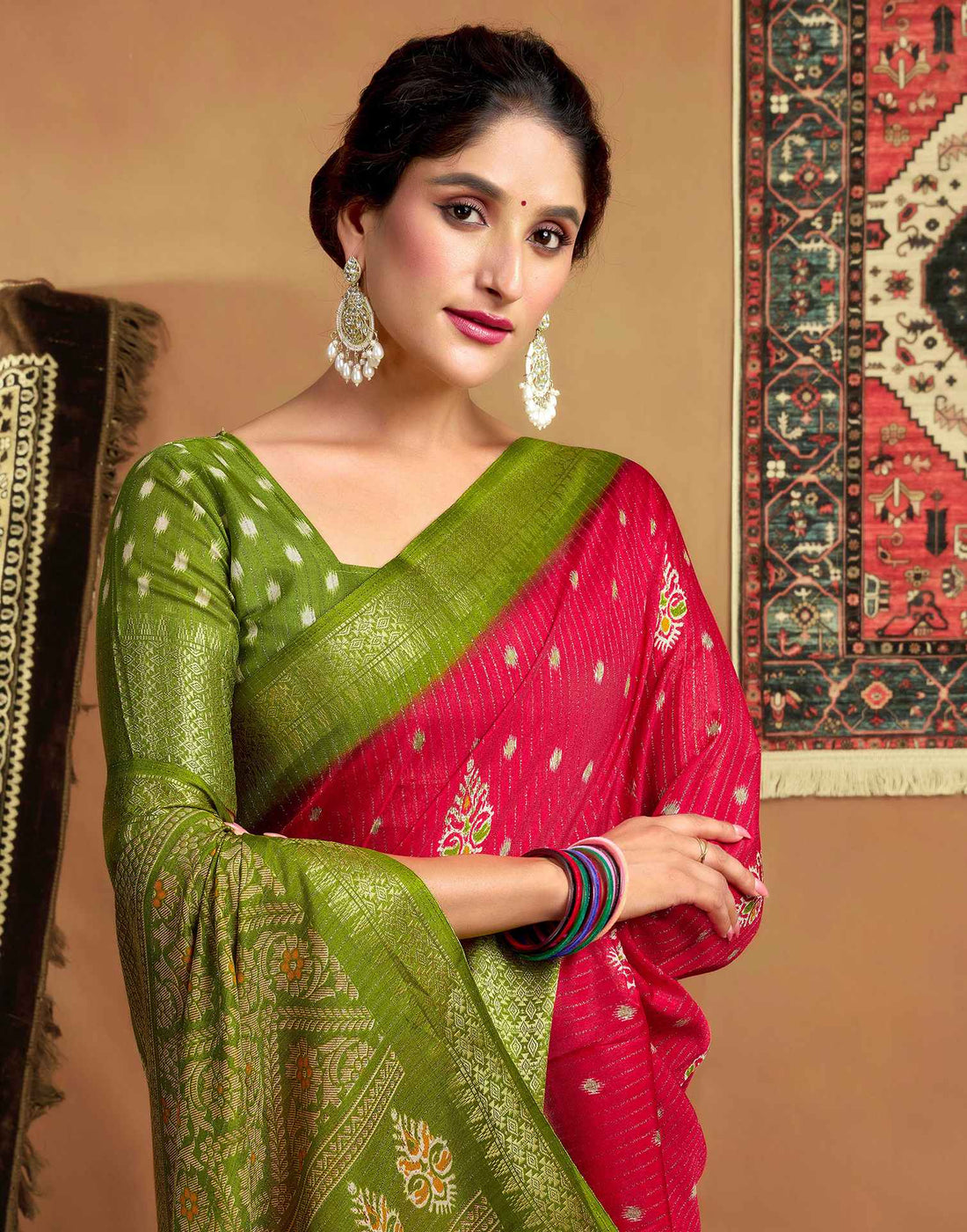 Red Silk Printed Zari Stripe Saree