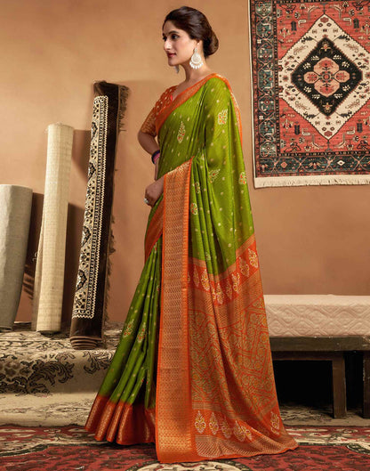 Mehandi Green Silk Printed Zari Stripe  Saree