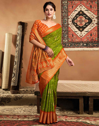 Mehandi Green Silk Printed Zari Stripe  Saree