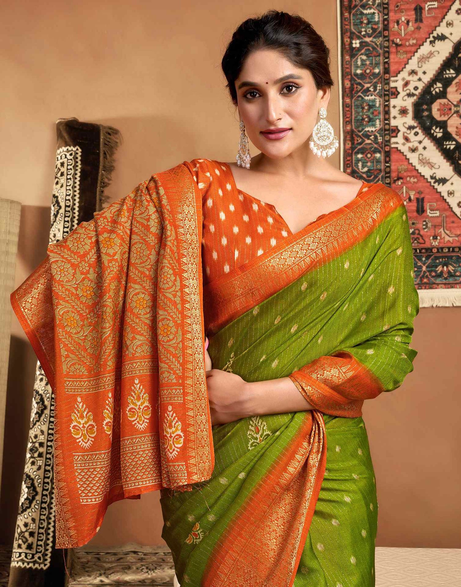 Mehandi Green Silk Printed Zari Stripe  Saree