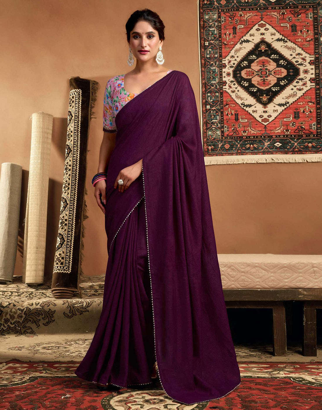 Purple Vichitra Silk Lace Plain Saree