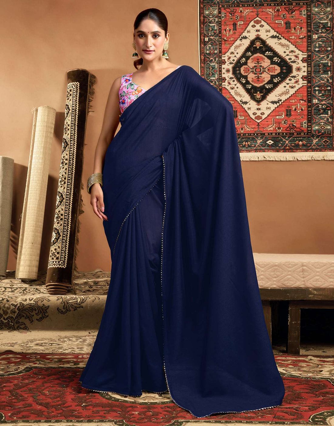 Blue Vichitra Silk Lace Plain Saree