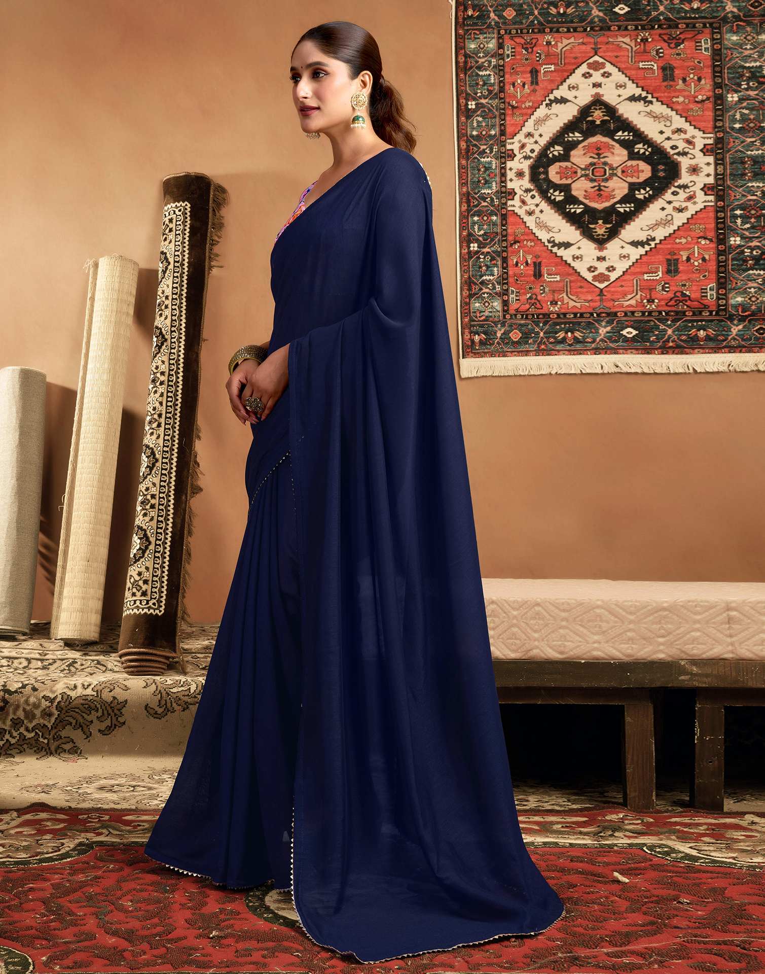 Blue Vichitra Silk Lace Plain Saree