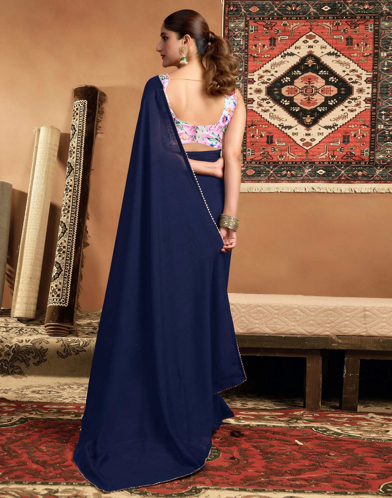 Blue Vichitra Silk Lace Plain Saree