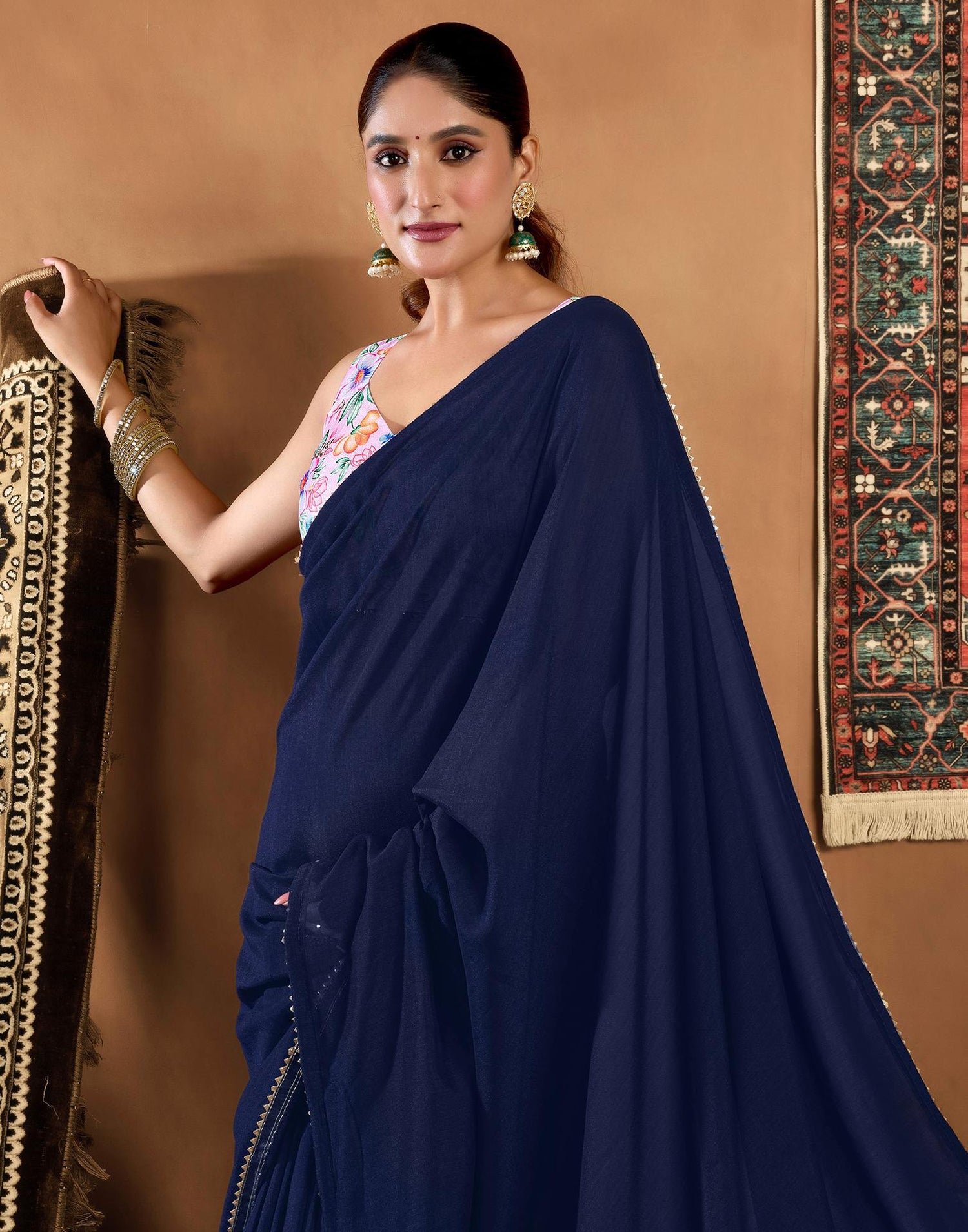 Blue Vichitra Silk Lace Plain Saree