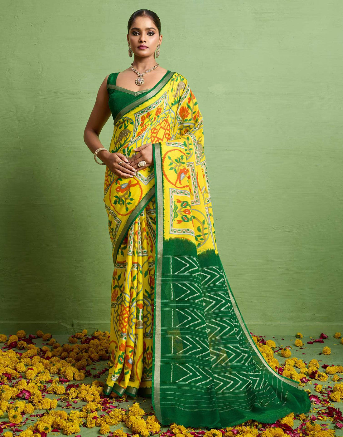 Yellow Silk Zari Printed Saree