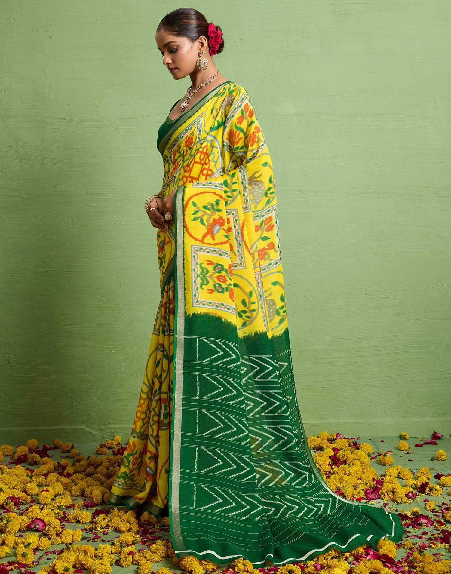 Yellow Silk Zari Printed Saree