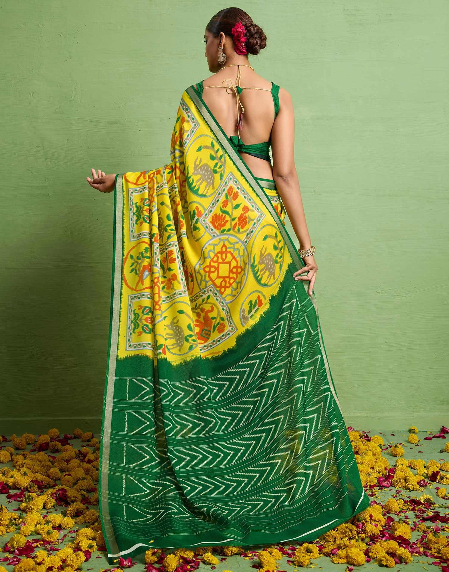 Yellow Silk Zari Printed Saree