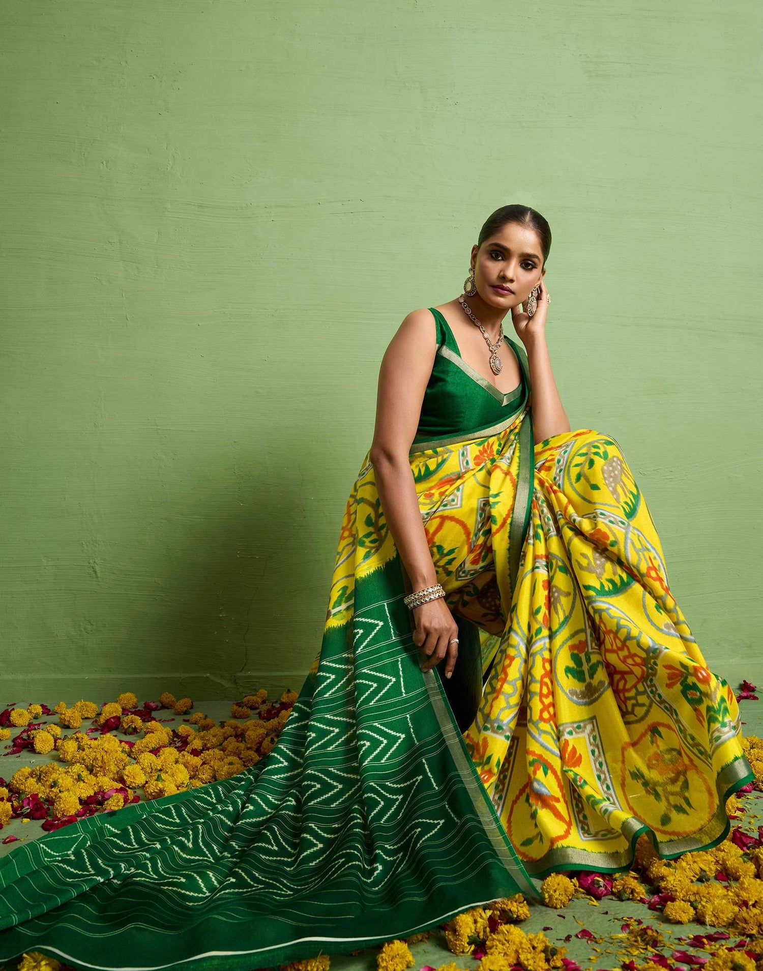 Yellow Silk Zari Printed Saree