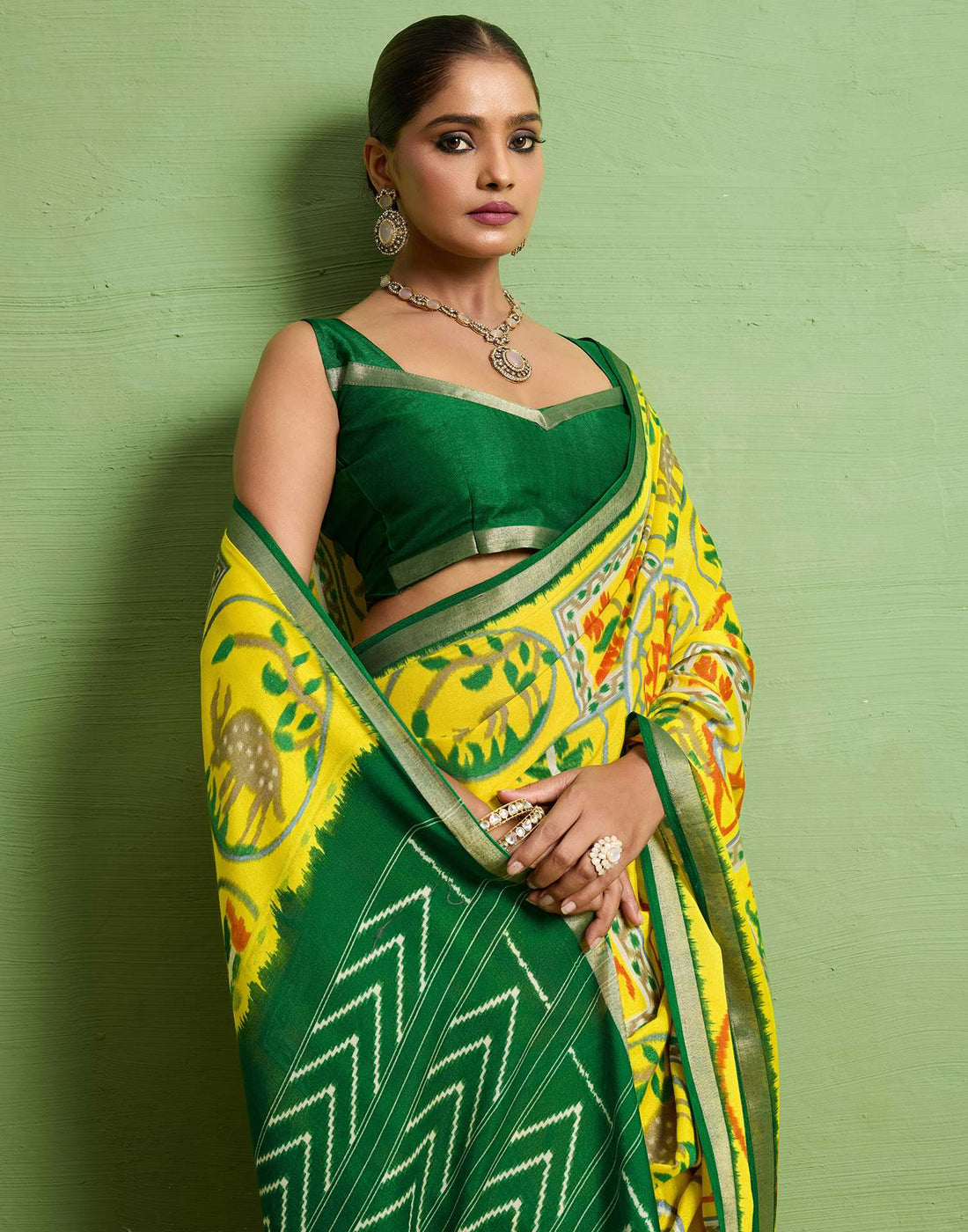 Yellow Silk Zari Printed Saree