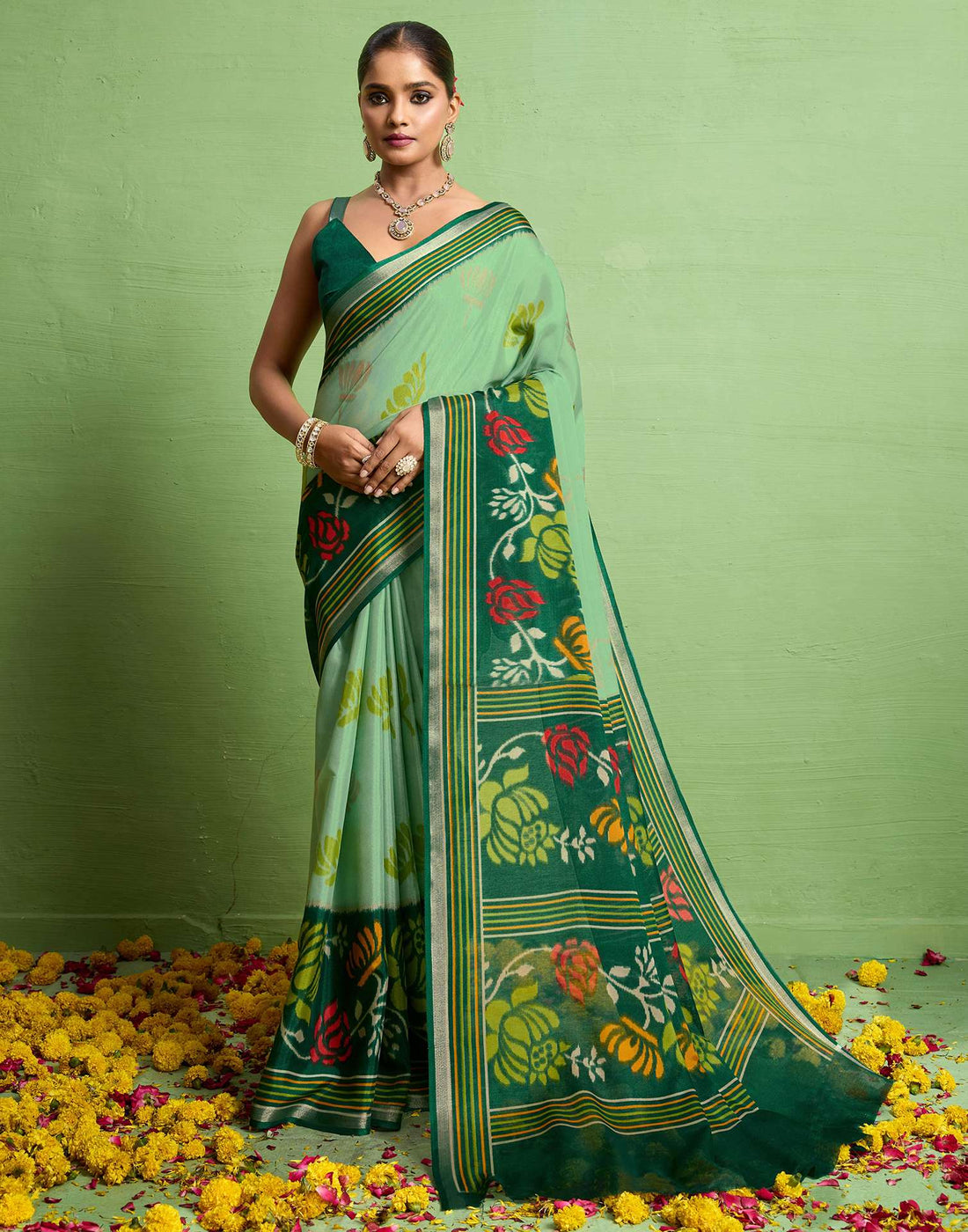 Green Silk Zari Floral Printed Saree