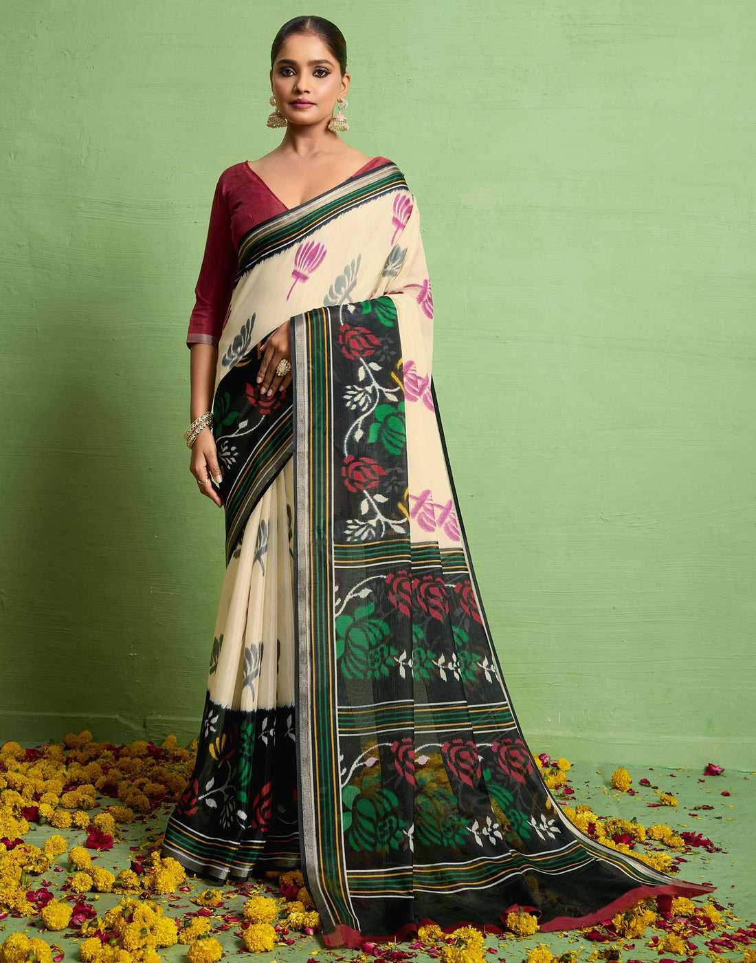 Black Silk Zari Floral Printed Saree