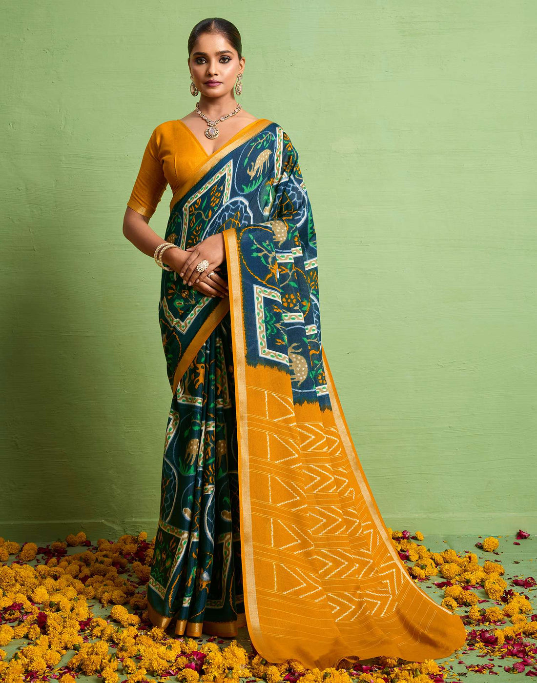 Yellow Silk Zari Printed Saree