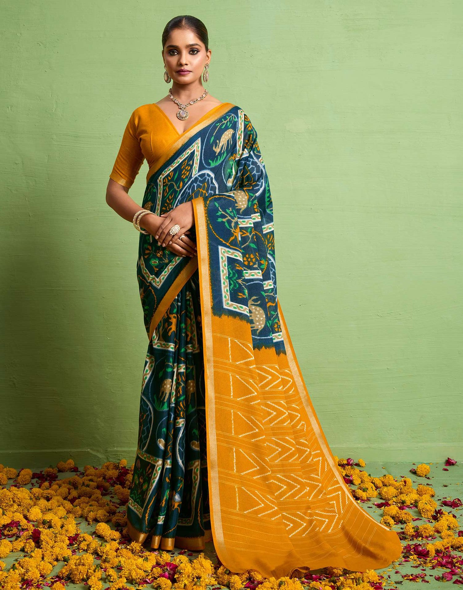 Yellow Silk Zari Printed Saree