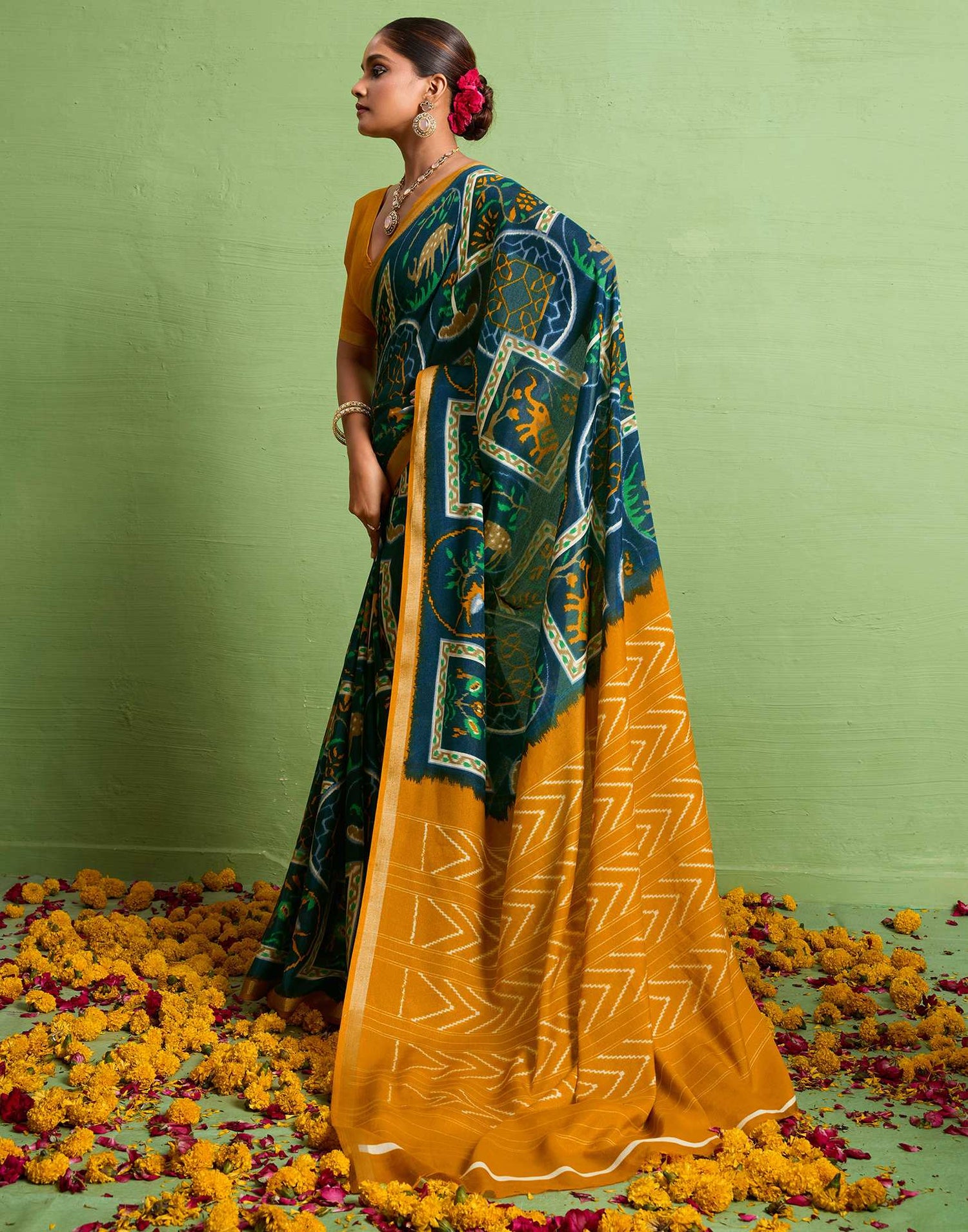 Yellow Silk Zari Printed Saree
