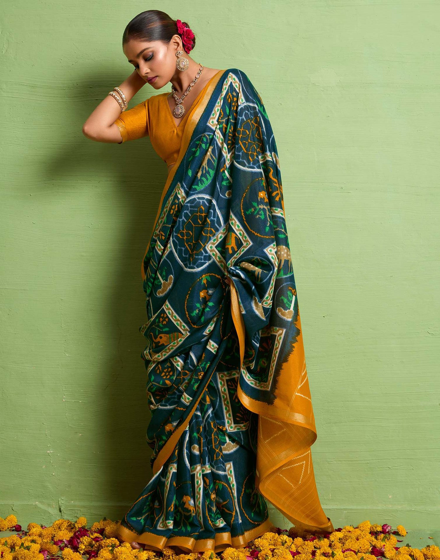 Yellow Silk Zari Printed Saree