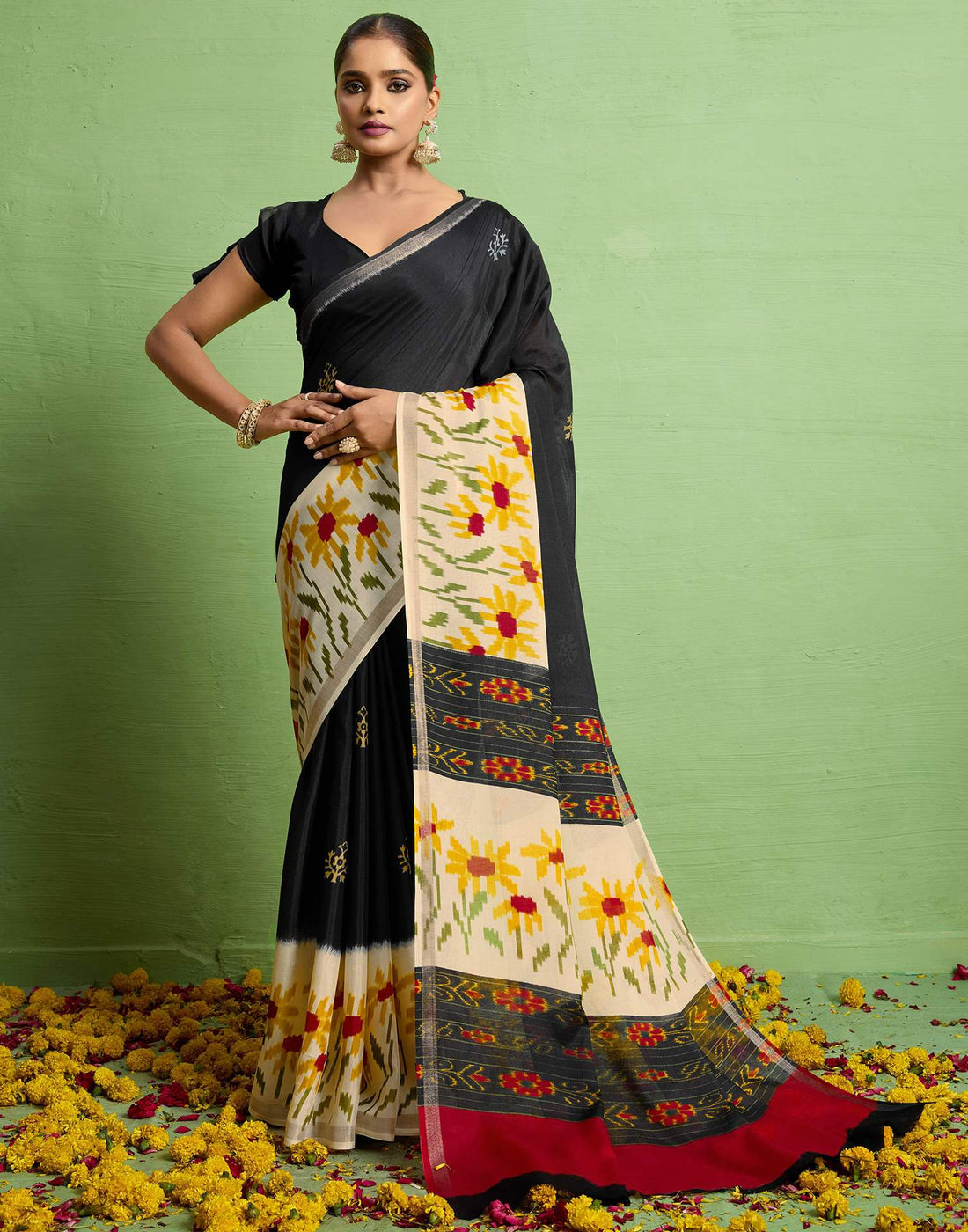 Black Silk Zari Floral Printed Saree