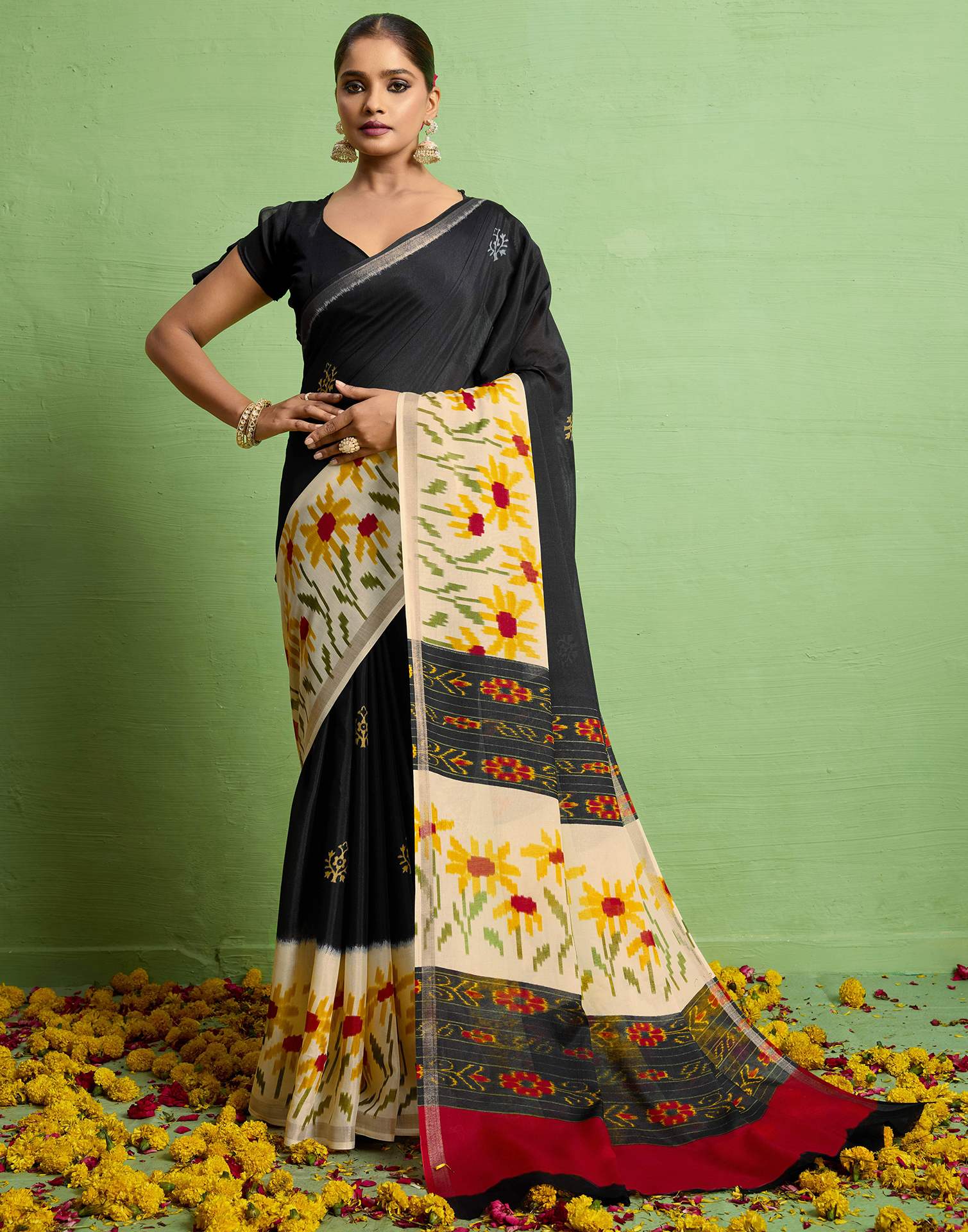 Black Silk Zari Floral Printed Saree