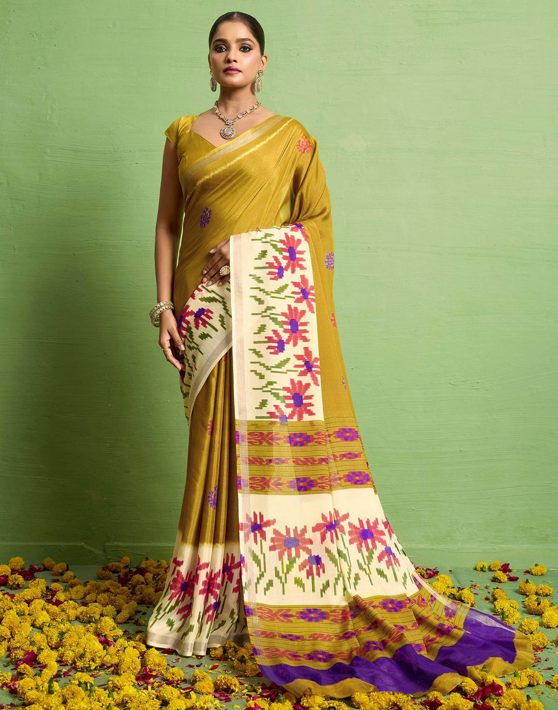 Mustard Yellow Silk Zari Floral Printed Saree