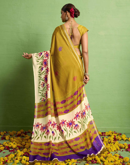 Mustard Yellow Silk Zari Floral Printed Saree
