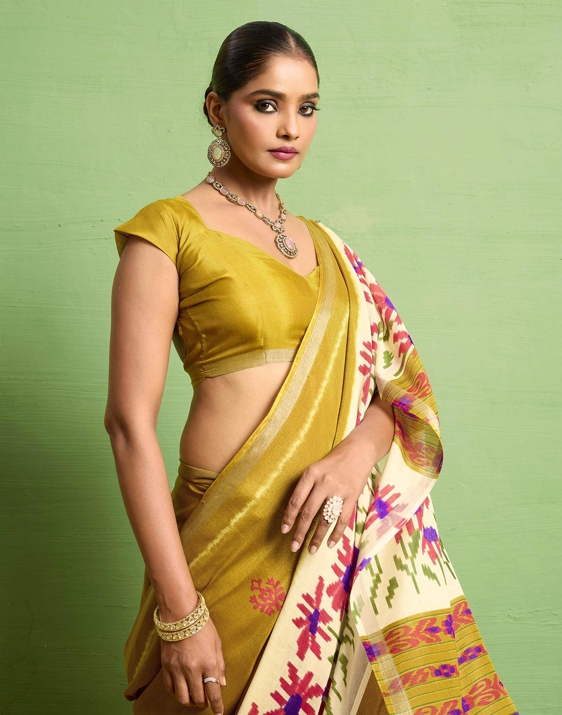 Mustard Yellow Silk Zari Floral Printed Saree