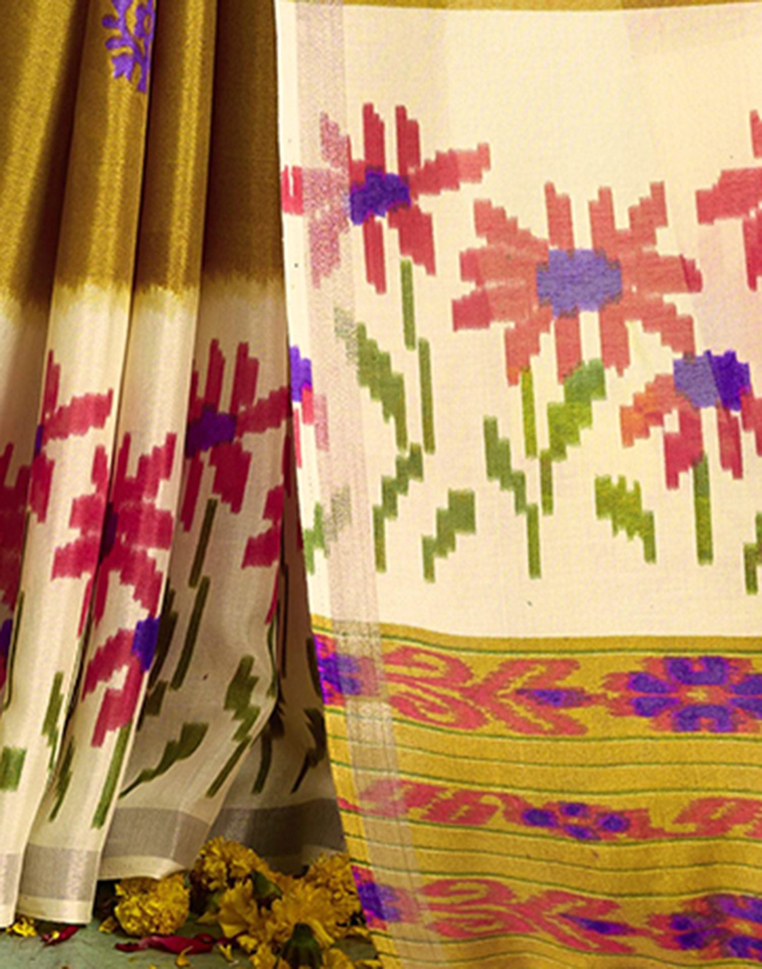 Mustard Yellow Silk Zari Floral Printed Saree