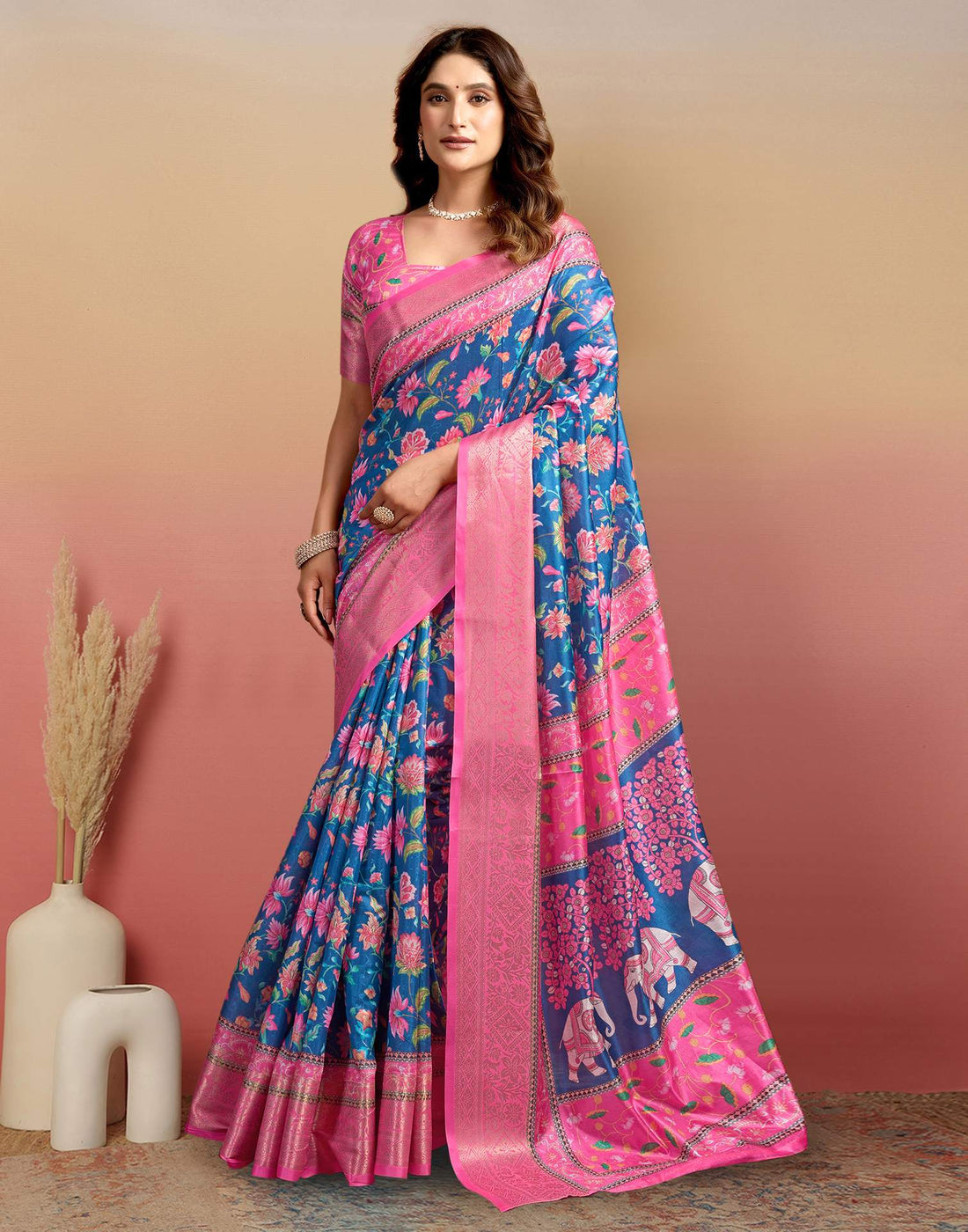 Steel Blue Silk Floral Printed Saree