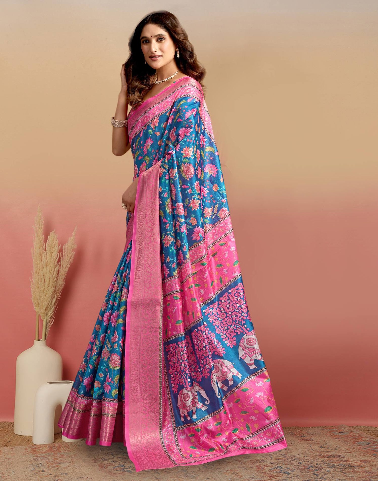 Steel Blue Silk Floral Printed Saree