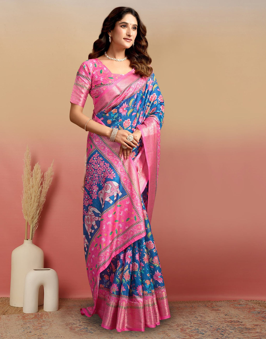 Steel Blue Silk Floral Printed Saree