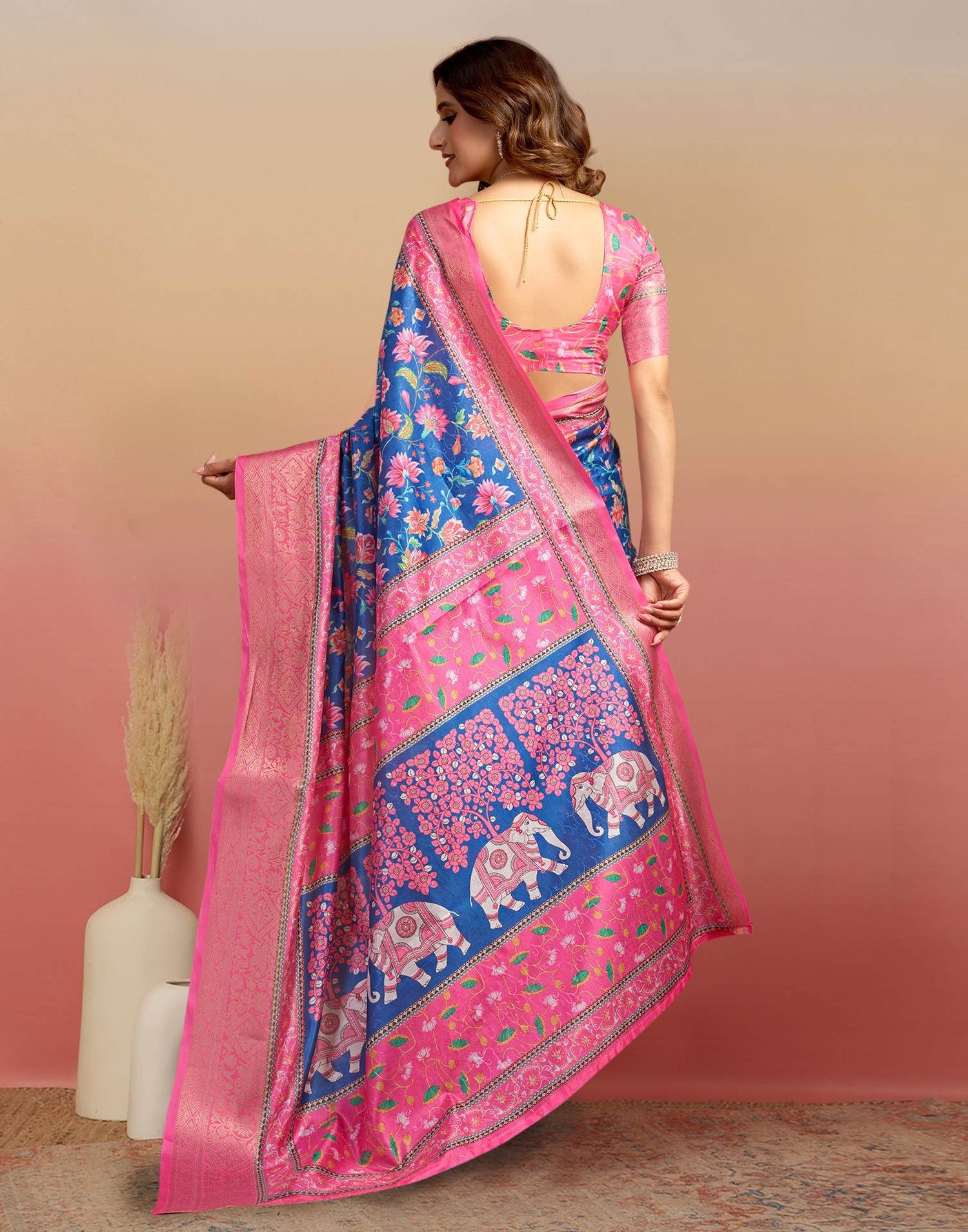 Steel Blue Silk Floral Printed Saree