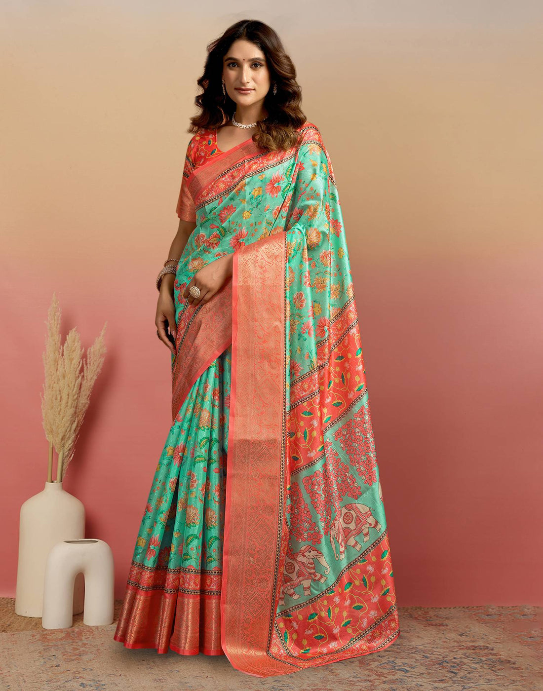 Pista Green Silk Floral Printed Saree