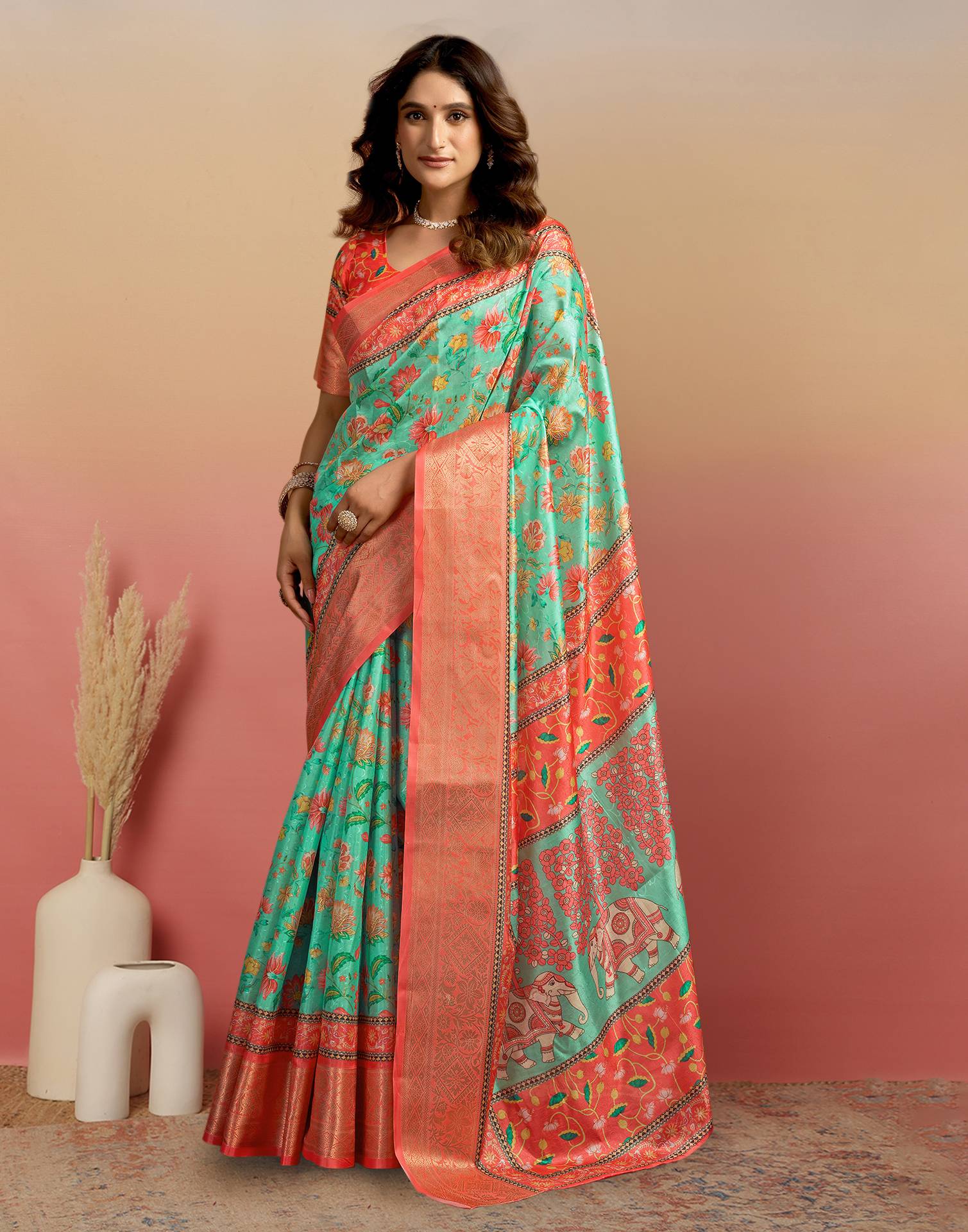 Pista Green Silk Floral Printed Saree