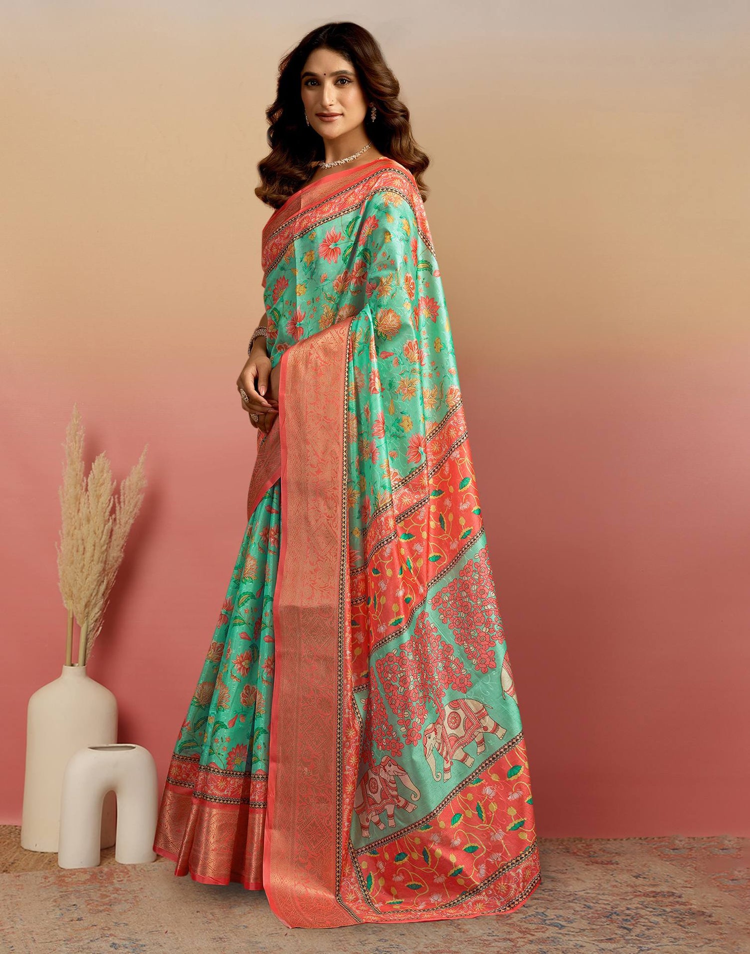 Pista Green Silk Floral Printed Saree