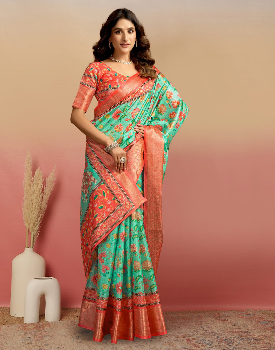 Pista Green Silk Floral Printed Saree