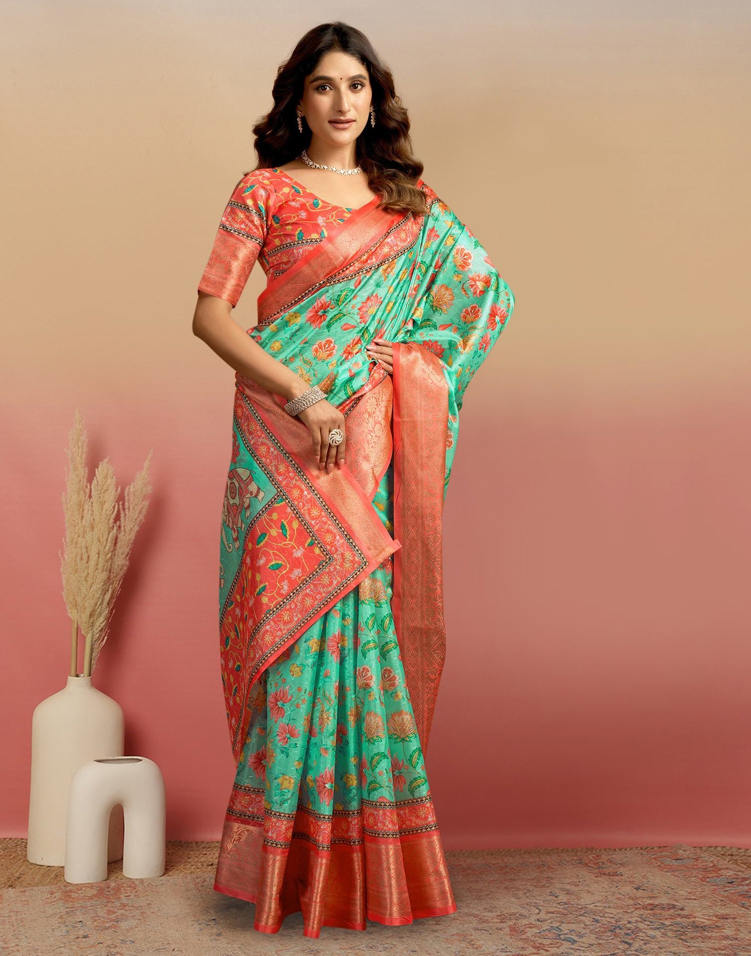 Pista Green Silk Floral Printed Saree