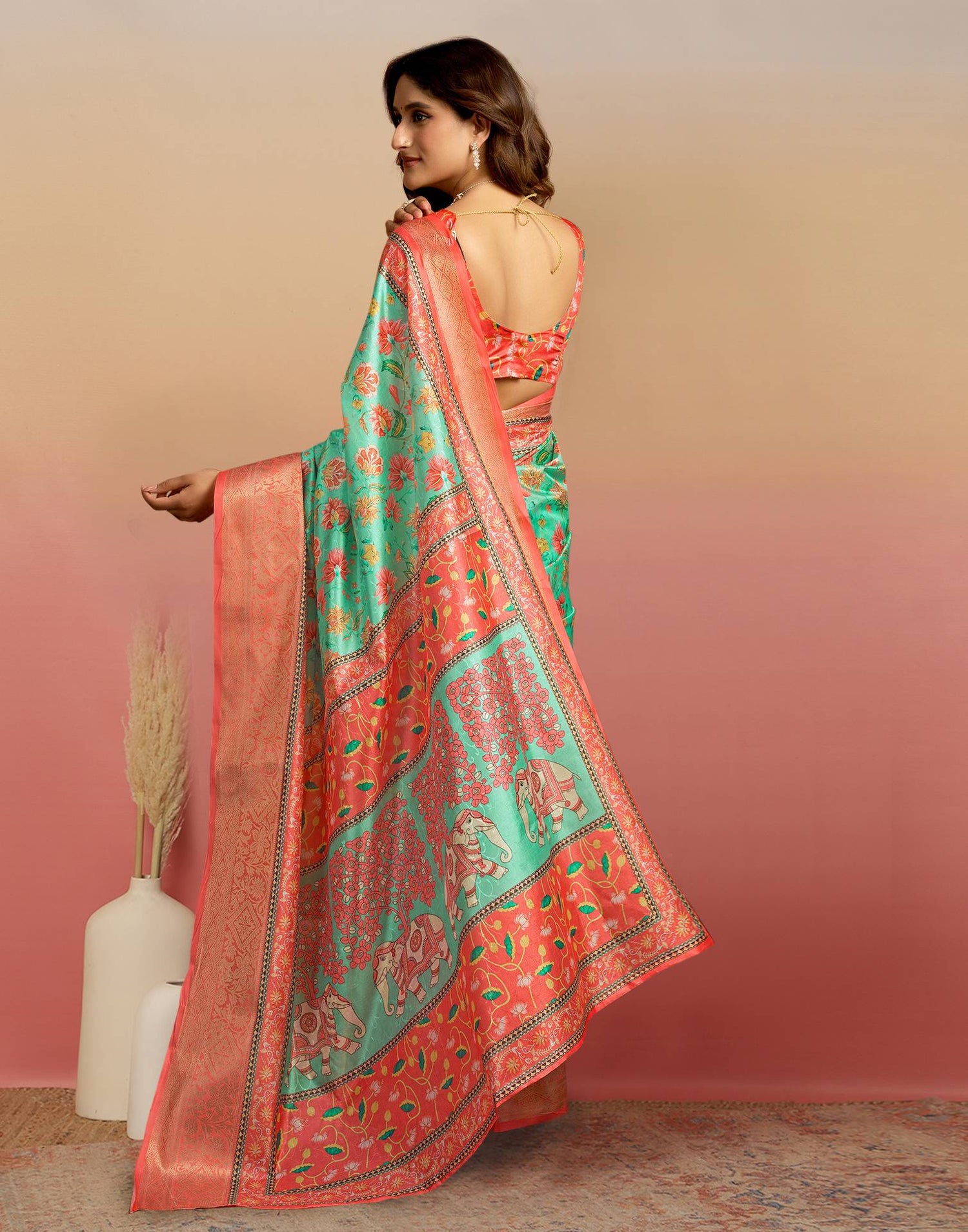 Pista Green Silk Floral Printed Saree