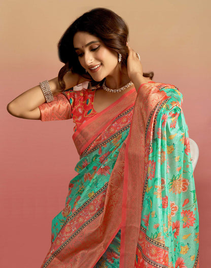 Pista Green Silk Floral Printed Saree