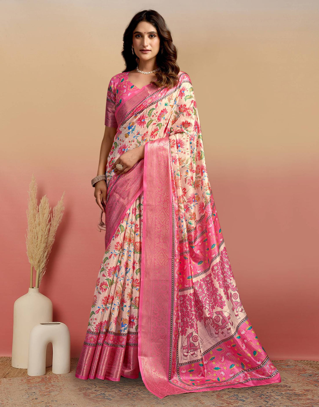 Cream Silk Floral Printed Saree