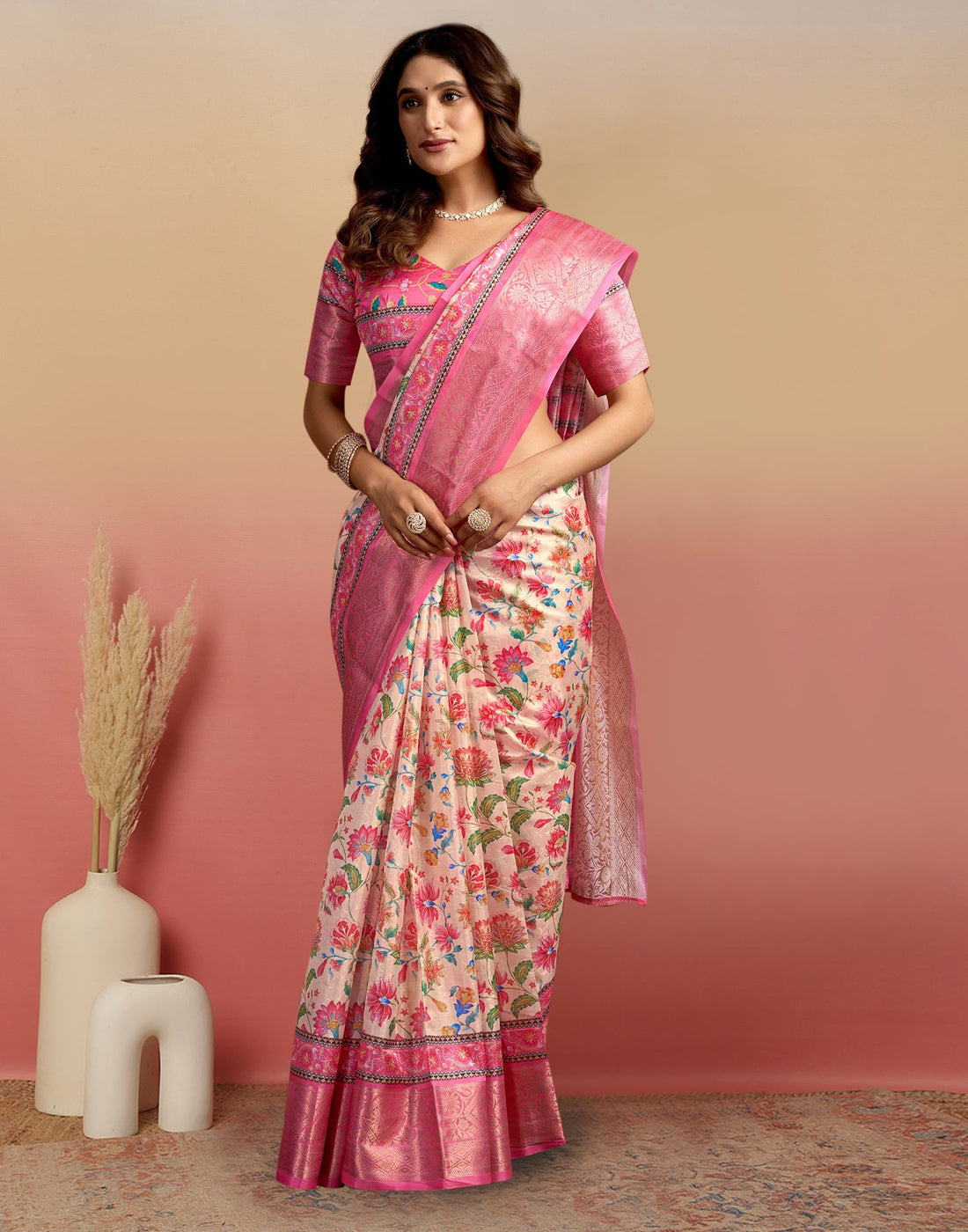 Cream Silk Floral Printed Saree