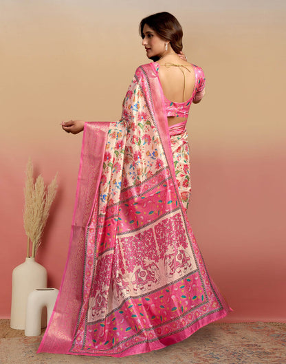 Cream Silk Floral Printed Saree