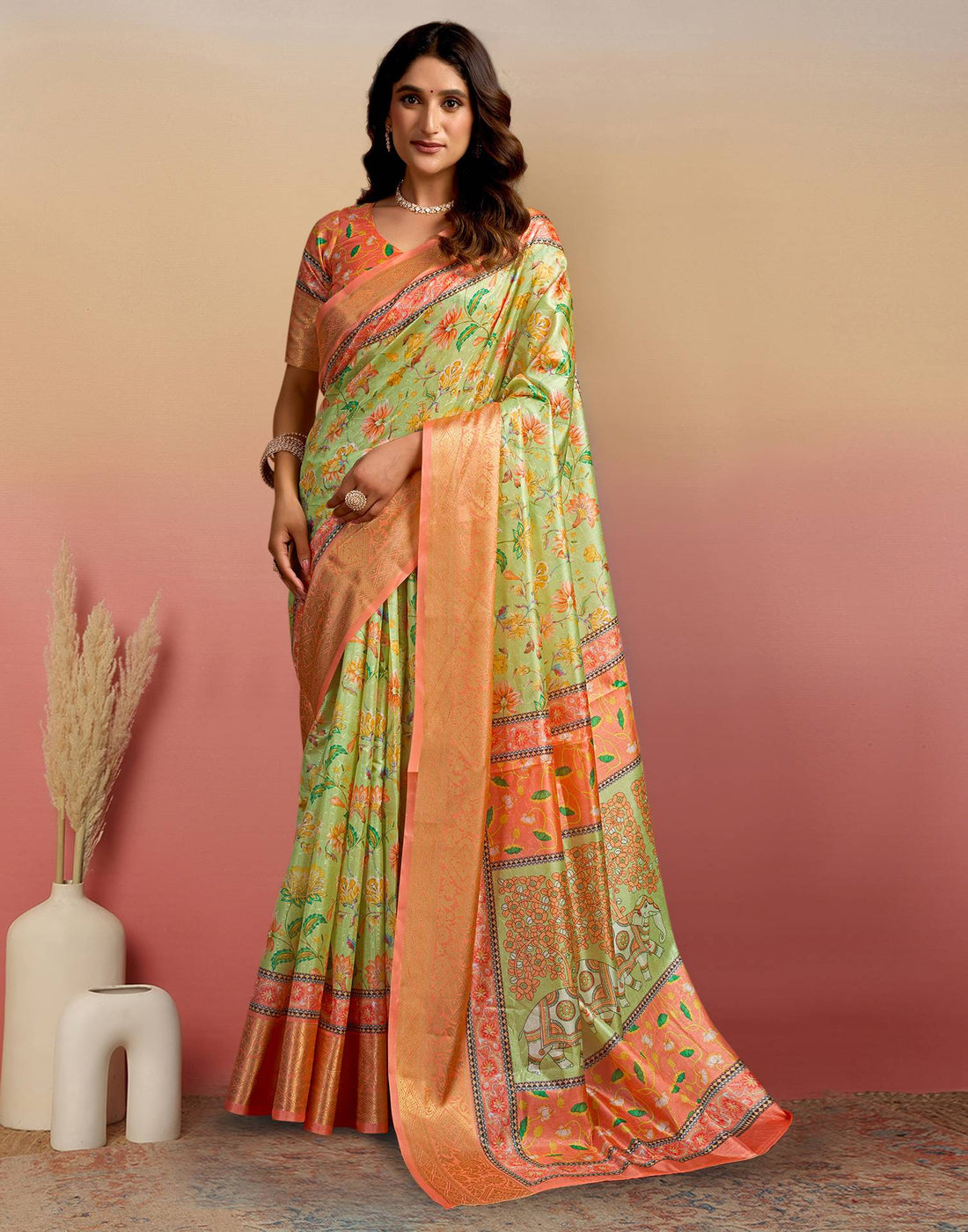 Light Green Silk Floral Printed Saree