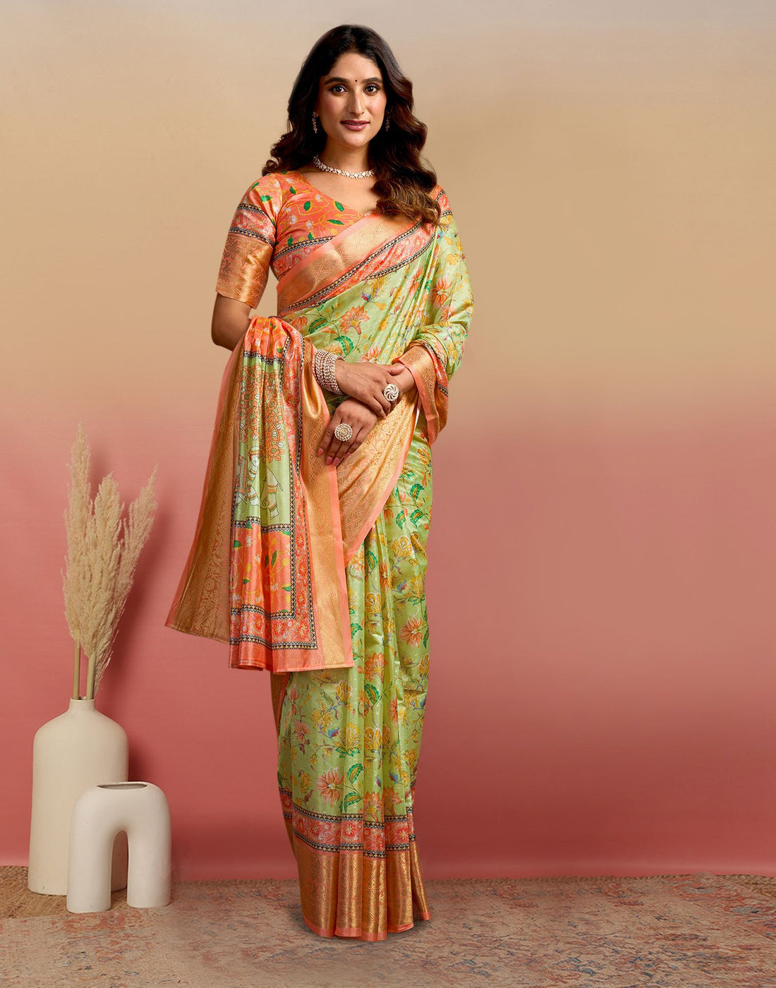 Light Green Silk Floral Printed Saree