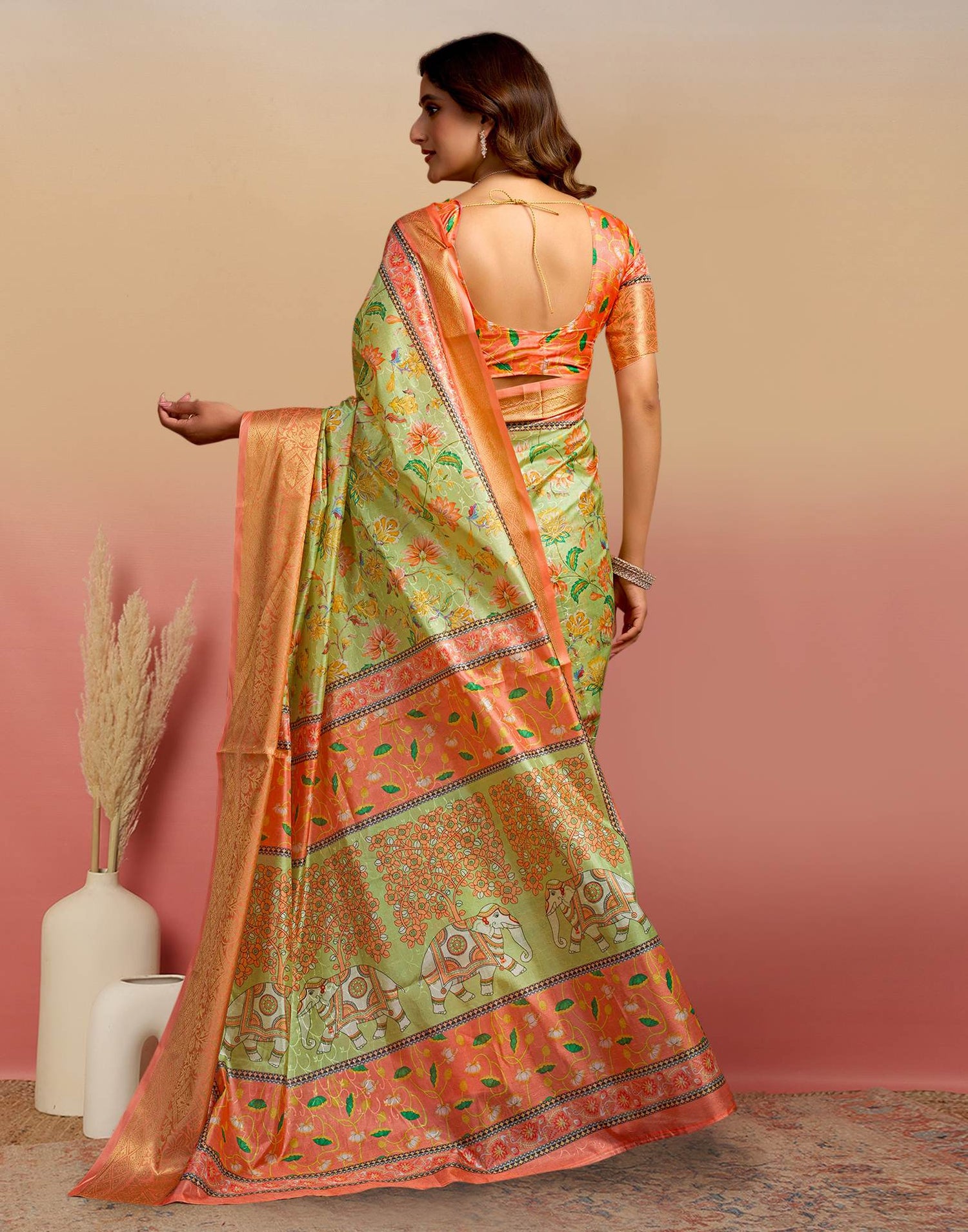 Light Green Silk Floral Printed Saree