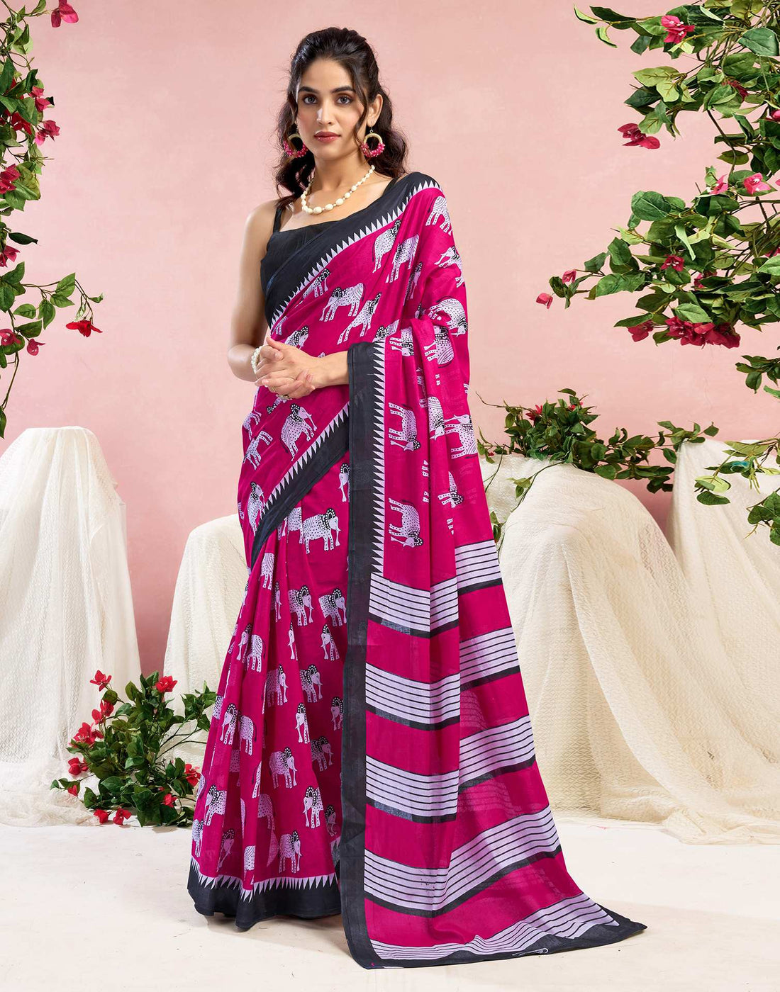 Pink Cotton Printed Saree